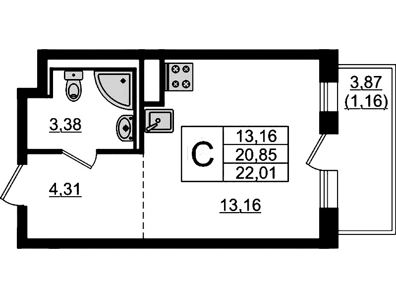 Квартира студия 22.01 м², 11/12 эт., ЖК «Новые Лаврики»
